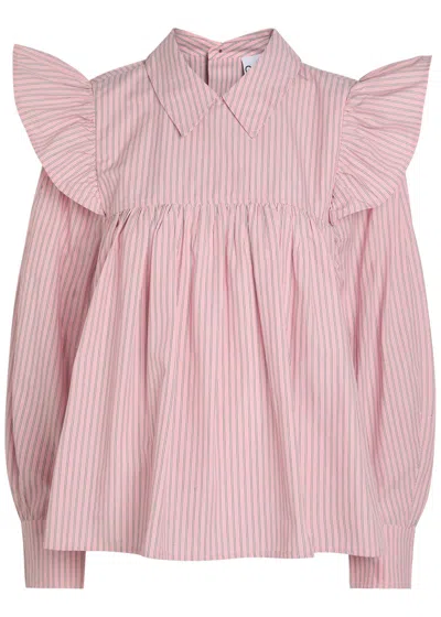 Ganni Striped Frilled Cotton-poplin Blouse In Pink