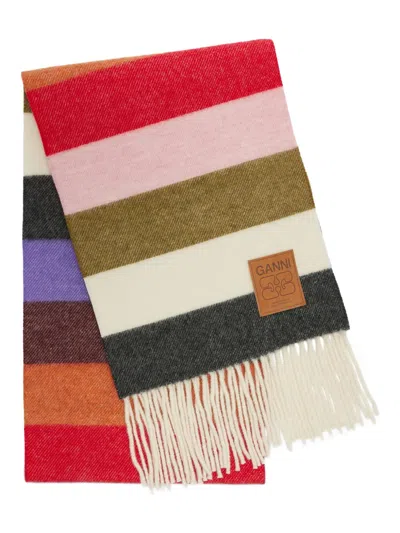 Ganni Striped Fringed Scarf In Multi