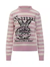 Ganni Striped Sweater With Rabbit In Pink