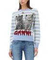 Ganni Light Blue Crewneck With Maxi Logo Print On The Front And All-over Striped Motif In Illusion Blue
