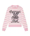 Ganni Striped Sweater With Rabbit In Pink