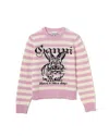 Ganni Striped Graphic Wool Bunny Jumper With Ribbed Edges In Pink