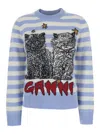 Ganni Light Blue Crewneck With Maxi Logo Print On The Front And All-over Striped Motif In Blue