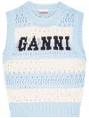 Ganni Openwork Striped Knit Top In Blue
