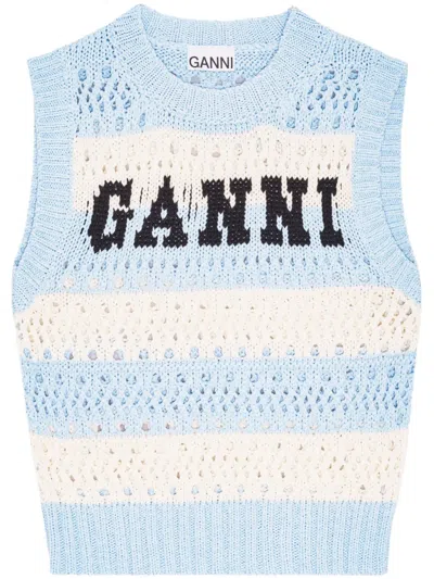 Ganni Striped Knit Tank Top In Blue