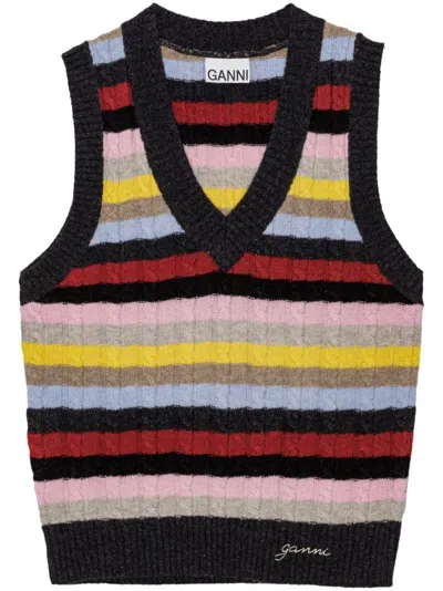 Ganni Striped Cable-knit Wool-blend Sweater Vest In Multi