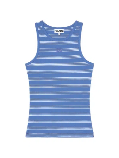 Ganni Striped Logo-embroidered Tank Top In Blue