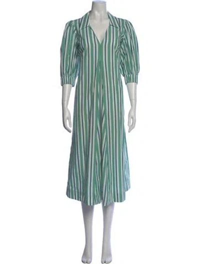 Pre-owned Ganni Striped Long Dress In Green