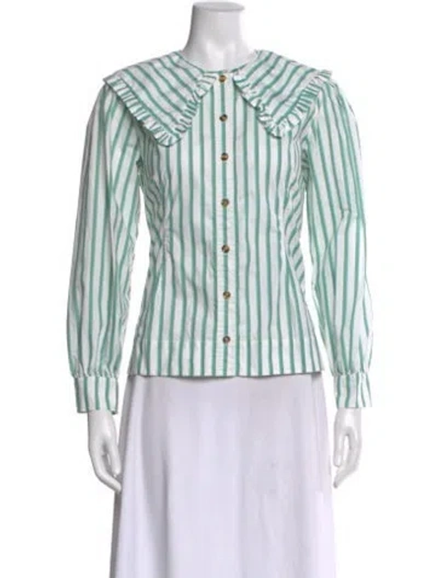 Pre-owned Ganni Striped Long Sleeve Blouse In Green