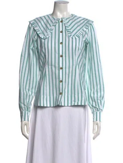 Pre-owned Ganni Striped Long Sleeve Blouse In Green