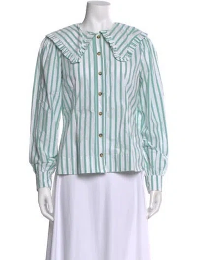 Pre-owned Ganni Striped Long Sleeve Blouse In White