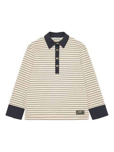 Ganni Striped Long-sleeve Polo Shirt In Neutral
