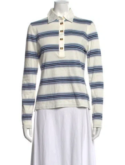 Pre-owned Ganni Striped Long Sleeve Polo In White