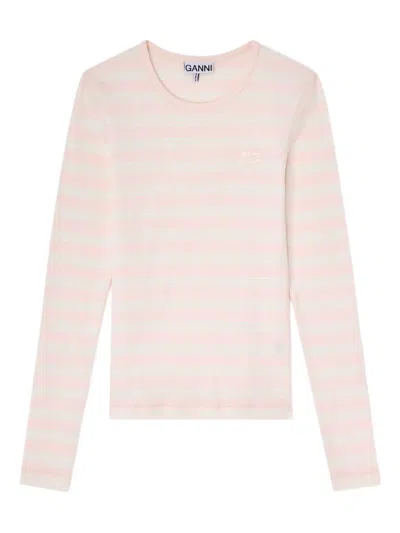 Ganni Crew Neck Striped Knit Long Sleeve Top In Pink