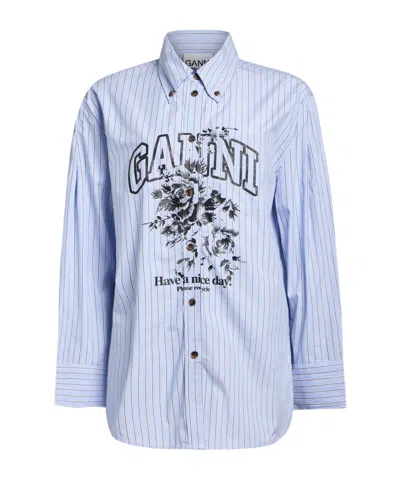 Ganni Striped Long-sleeve Shirt In Blue