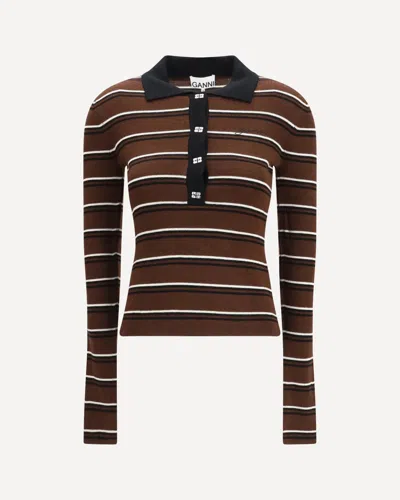 Ganni Striped Merino Polo Shirt In Brown