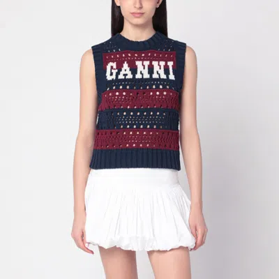 GANNI GANNI STRIPED OPENWORK VEST WITH LOGO INLAY