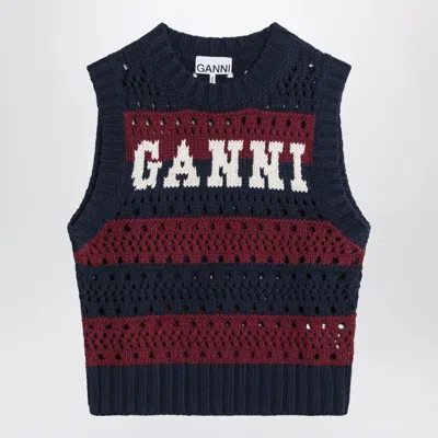 GANNI GANNI STRIPED OPENWORK VEST WITH LOGO INLAY