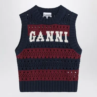 Ganni Striped Openwork Vest With Logo Inlay In Blue