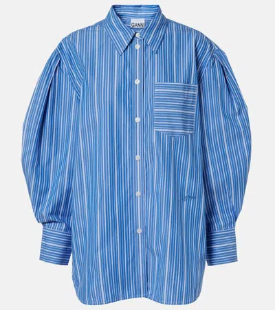 Ganni Striped Oversized Cotton Poplin Shirt In Blue