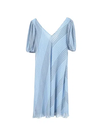 Pre-owned Ganni Striped-pattern Midi Dress In Blue