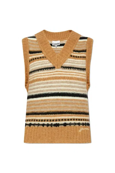 Ganni Brown Striped Vest In Beige
