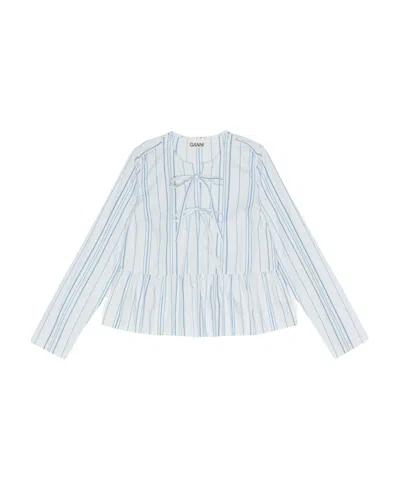 Ganni Long Sleeve Striped Twill Peplum Blouse In Blue