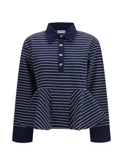 Ganni Women Striped Polo Shirt In Blue