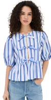Ganni Blue Striped Cotton Poplin Peplum Tie Blouse In Silver Lake Blue