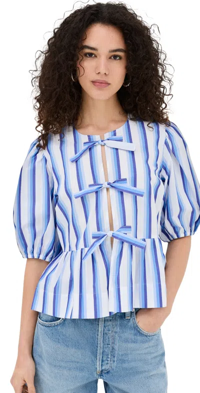 Ganni Striped Peplum Blouse In Blue