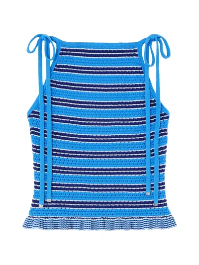 Ganni Striped Cotton Pointelle Top In Blue
