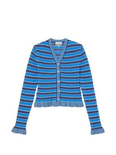 Ganni Striped Pointelle-knit Cardigan In Blue