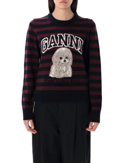 Ganni Burgundy Graphic Wool Mix Poodle Stripe Sweater In Red