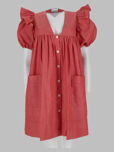 Ganni Striped Puff Sleeve Button Front Dress In Red