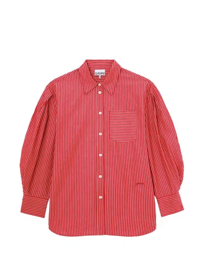 Ganni Striped Puff-sleeve Shirt In Red
