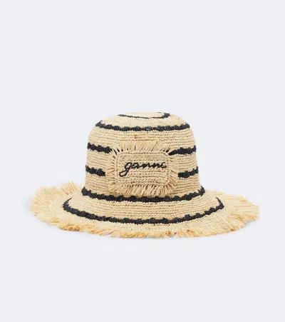 Ganni Striped Raffia Bucket Hat In Beige
