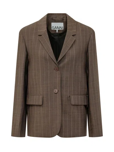 Ganni Striped Rain Drum Blazer In Brown