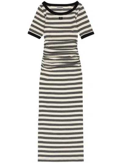 Ganni Striped Rib Short Sleeve Dress In Black