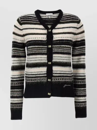 GANNI STRIPED RIBBED KNITWEAR CARDIGAN WITH LONG SLEEVES