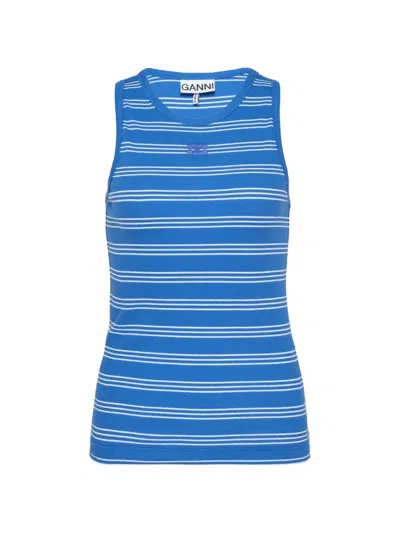 Ganni Striped Ribbed Tank Top In Blue