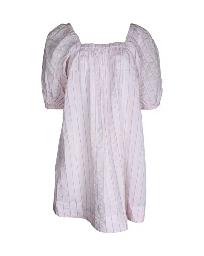 Ganni Striped Seersucker Night Dress In Pink Cotton