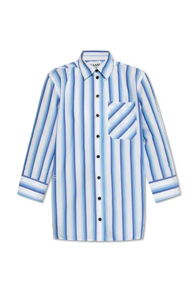 Ganni Striped Shirt In White,blue,light Blue