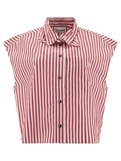 Ganni Striped Shirt With Chest Pocket In Red