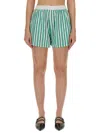 Ganni Stripe Elastic Waist Organic Cotton Shorts In Green
