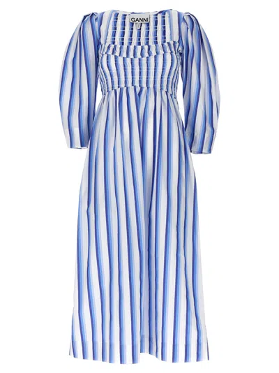 Ganni Striped Smock Stitch Dress In Light Blue