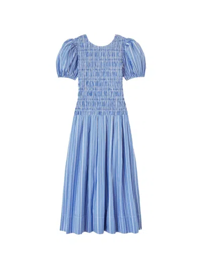 Ganni Striped Cotton Dress With Puff Sleeves In Blue