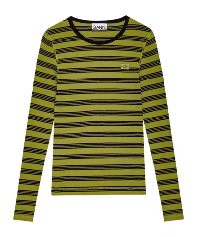 Ganni Striped Soft Cotton Rib Long Sleeve T-shirt In Golden Cypress