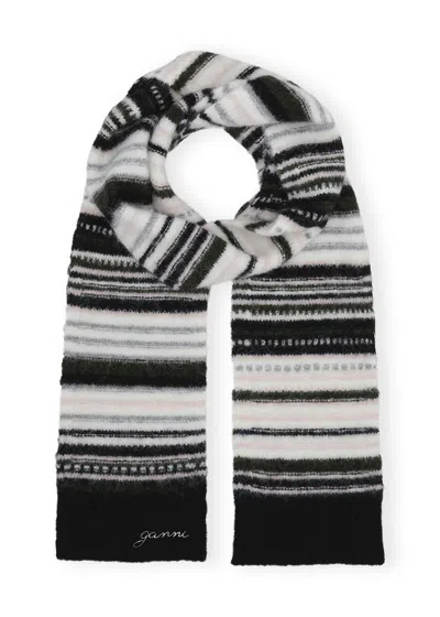 Ganni Striped Soft Wool Scarf In Black