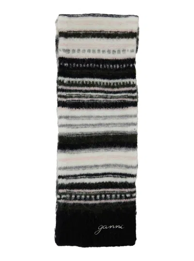 Ganni Striped Soft Wool Scarf In Black