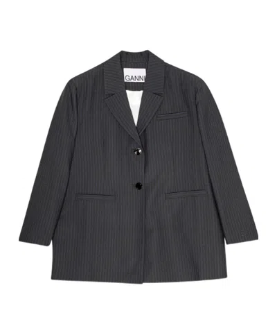 Ganni Striped Suit Coat In Black